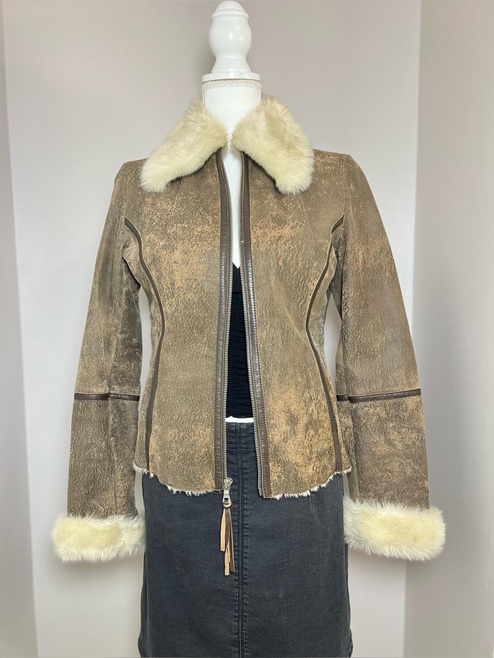 Y2K Express Penny Lane Jacket Brown Suede Leather Aviator Faux Fur Coat 🕊️